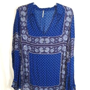 Free People Blue Purple Printed Long Sleeve Blouse NWOT